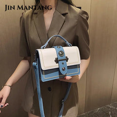 Women Square Tote Bag Contrast PU Leather Handbags