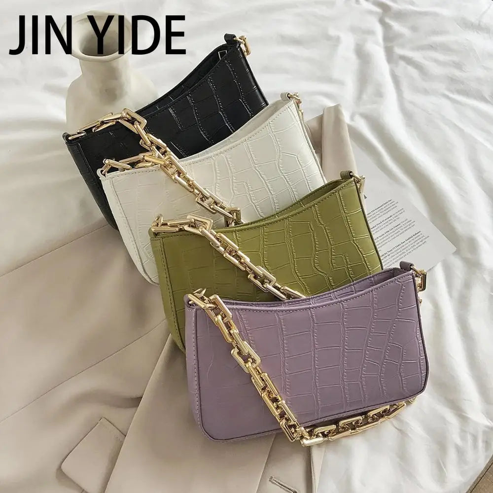 Stone Pattern PU Leather Armpit Bag with Metal Chain Shoulder Handbag