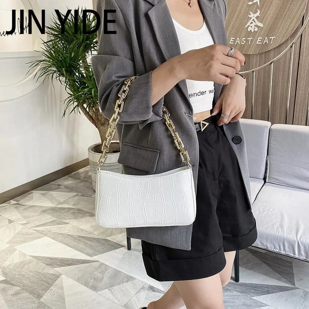 Stone Pattern PU Leather Armpit Bag with Metal Chain Shoulder Handbag