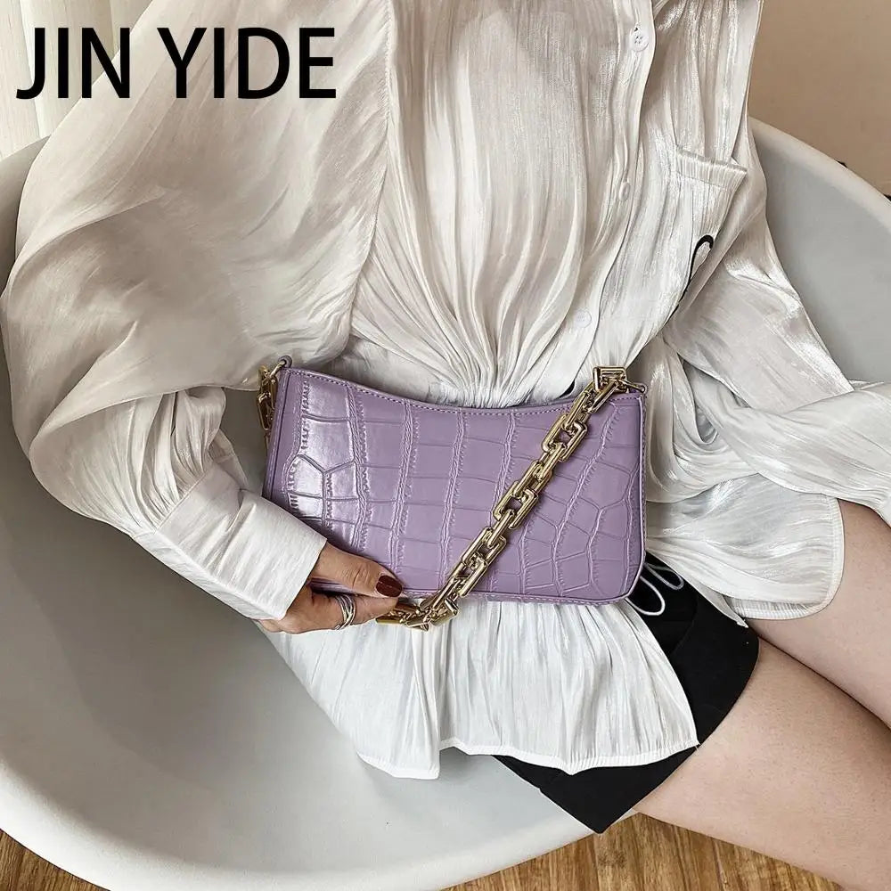 Stone Pattern PU Leather Armpit Bag with Metal Chain Shoulder Handbag