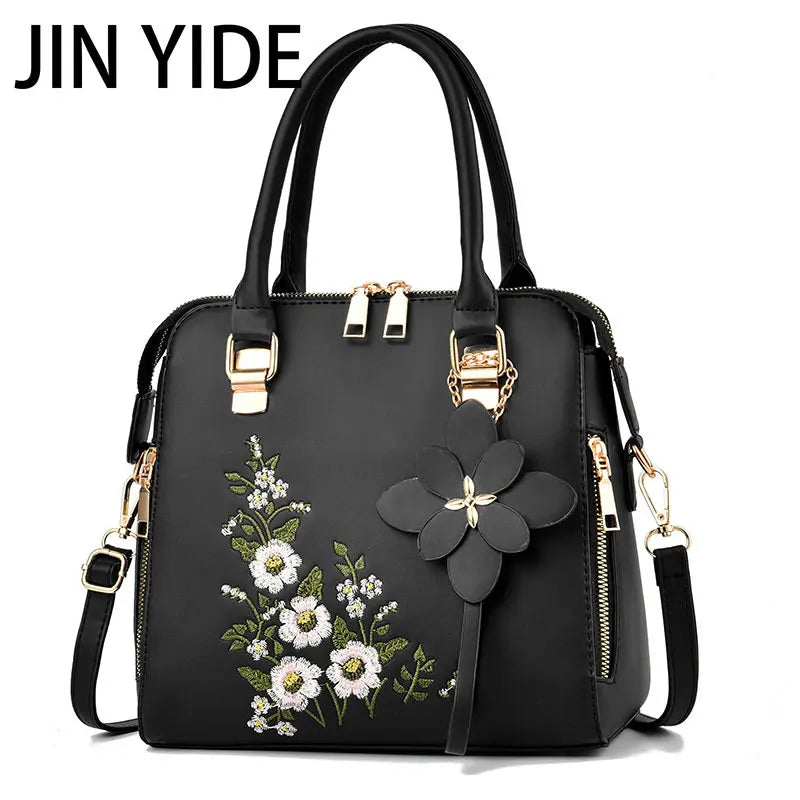 Vintage Embroidered Tote Handbag Leather Shoulder Purse