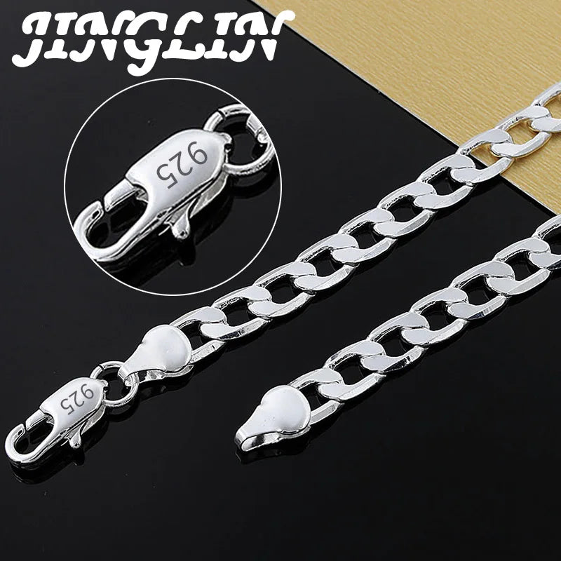 JINGLIN 925 Silver 8MM Chain Necklace 16-24 inch Flat Sideways Wedding Jewelry