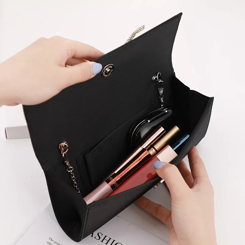 Rhinestone Shoulder Bag Chain Flap Bag Solid Satin Crossbody Handbag Lady
