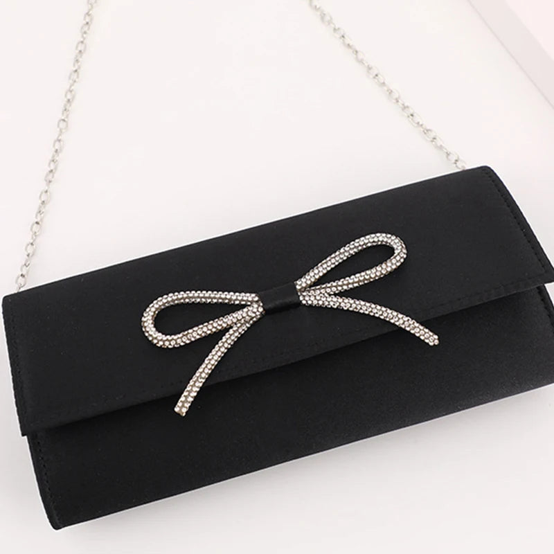 Rhinestone Shoulder Bag Chain Flap Bag Solid Satin Crossbody Handbag Lady