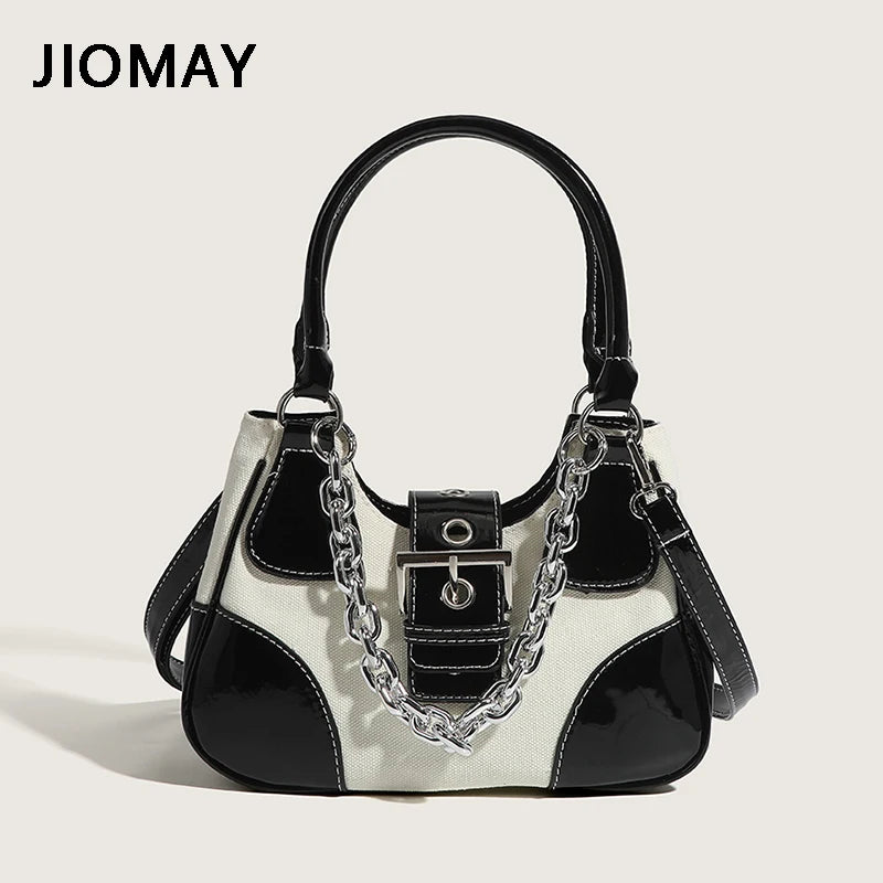 Canvas Splicing Shoulder Bag Girls Crossbody Chain Bag