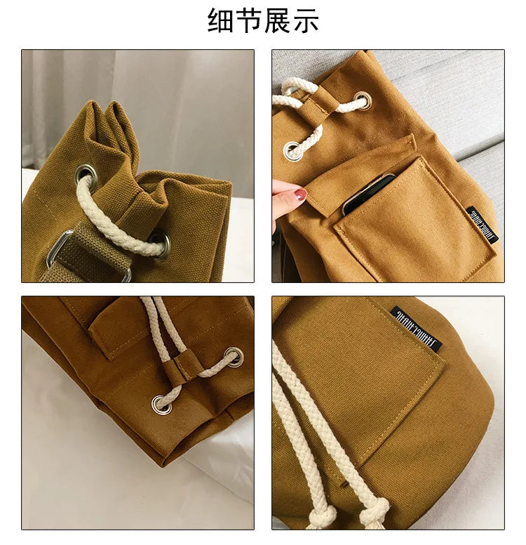 Canvas Drawstring Bucket Bag Single Shoulder Travel Bag