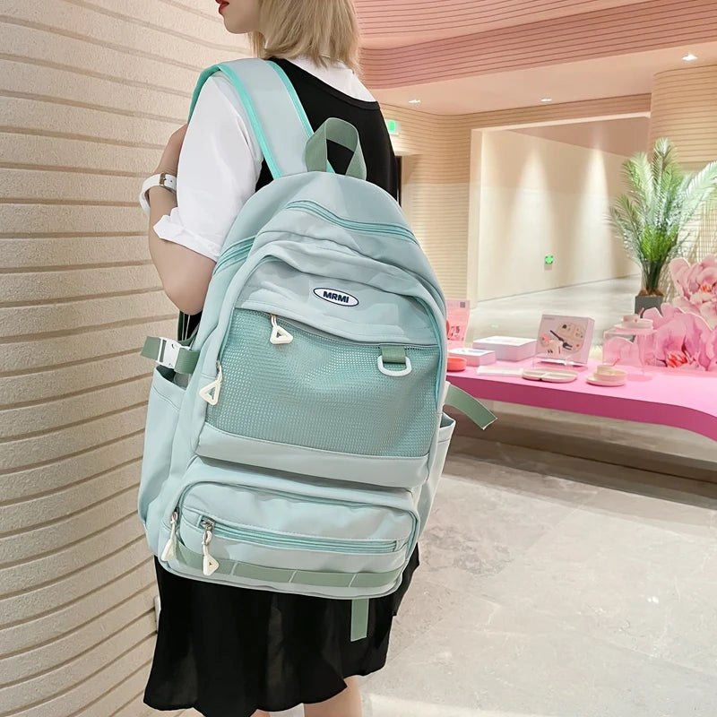 Double Zipper Net Pocket Woman Backpack Waterproof Teen Shoulder Bag