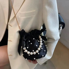 Jacquard Cloth Bucket Bag with Beads Hand-held Women's Bag
