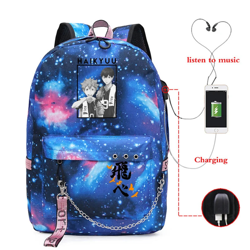 Haikyuu Anime Prints School Bag USB Charging Girls Backpack