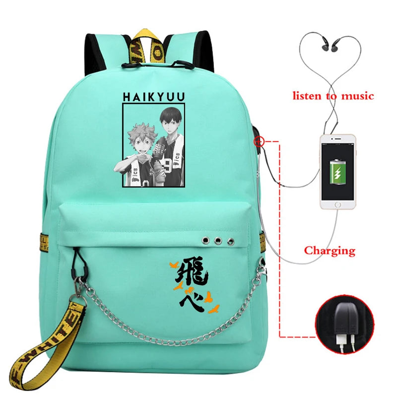 Haikyuu Anime Prints School Bag USB Charging Girls Backpack