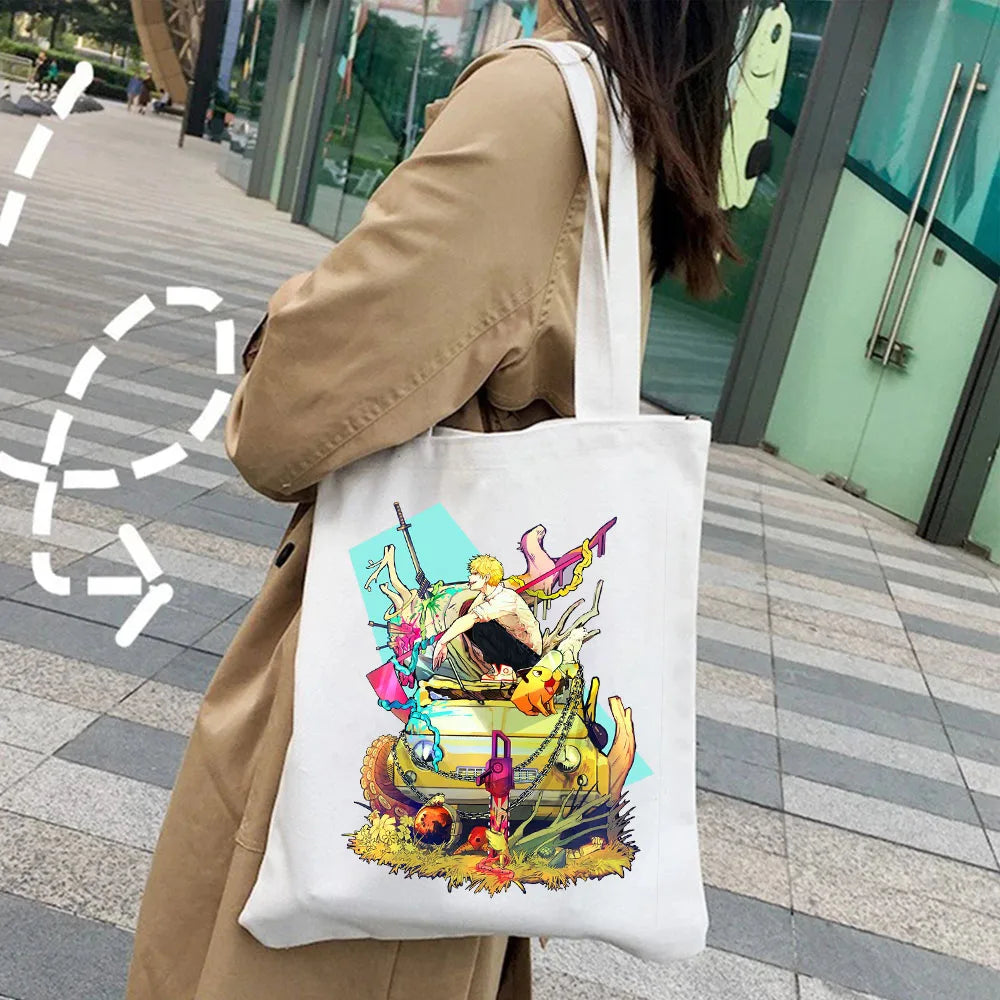 Japanese Chainsaw Man Evil Power Cat Canvas Shoulder Bag Harajuku Shopper