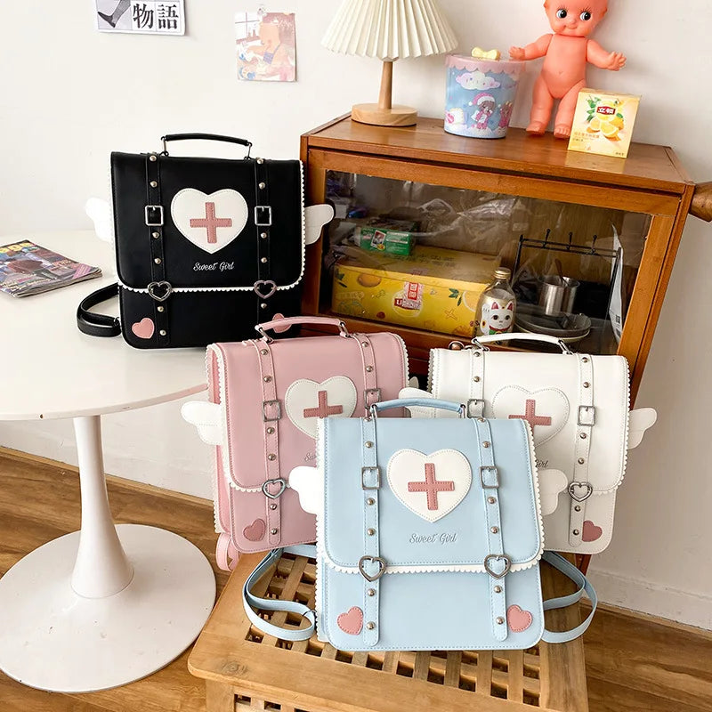 Japanese College Rivet Pu Leather Angel Wing Pink Heart Sling Backpack