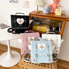 Japanese College Rivet Pu Leather Angel Wing Pink Heart Sling Backpack