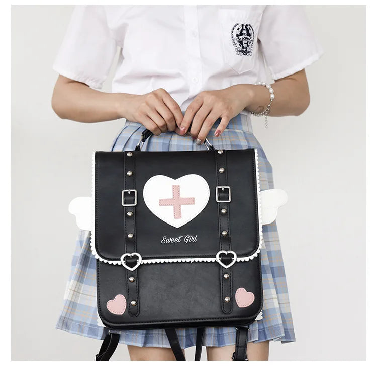 Japanese College Rivet Pu Leather Angel Wing Pink Heart Sling Backpack