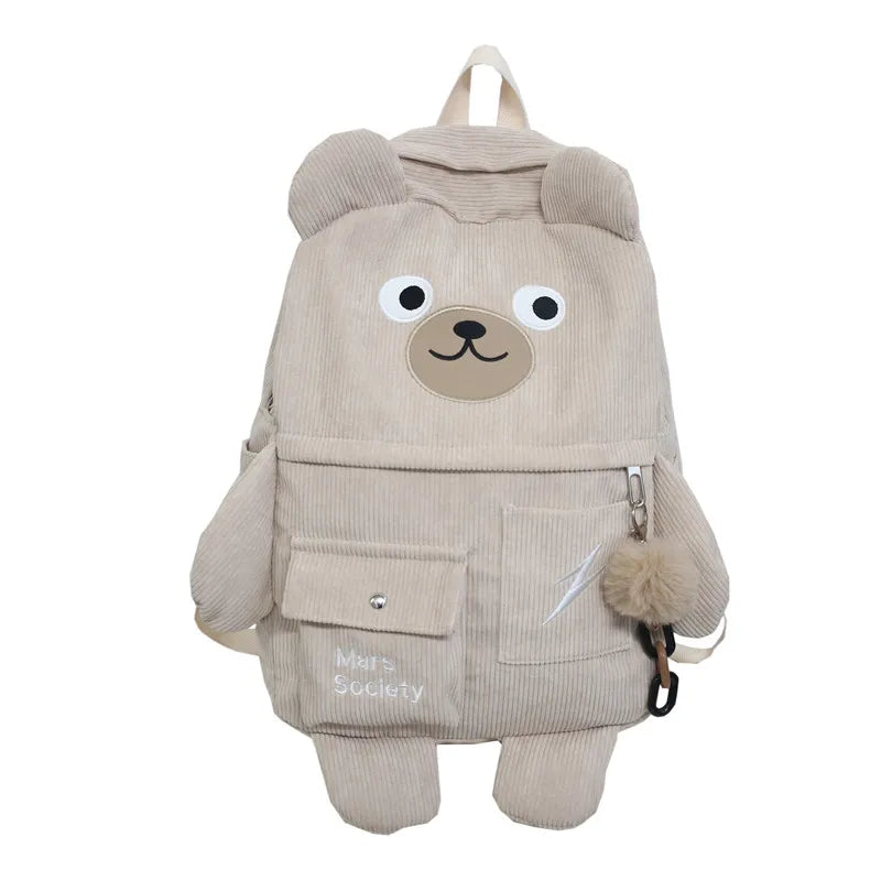 Japanese Corduroy Bear Backpack for Women with Multi-Pockets