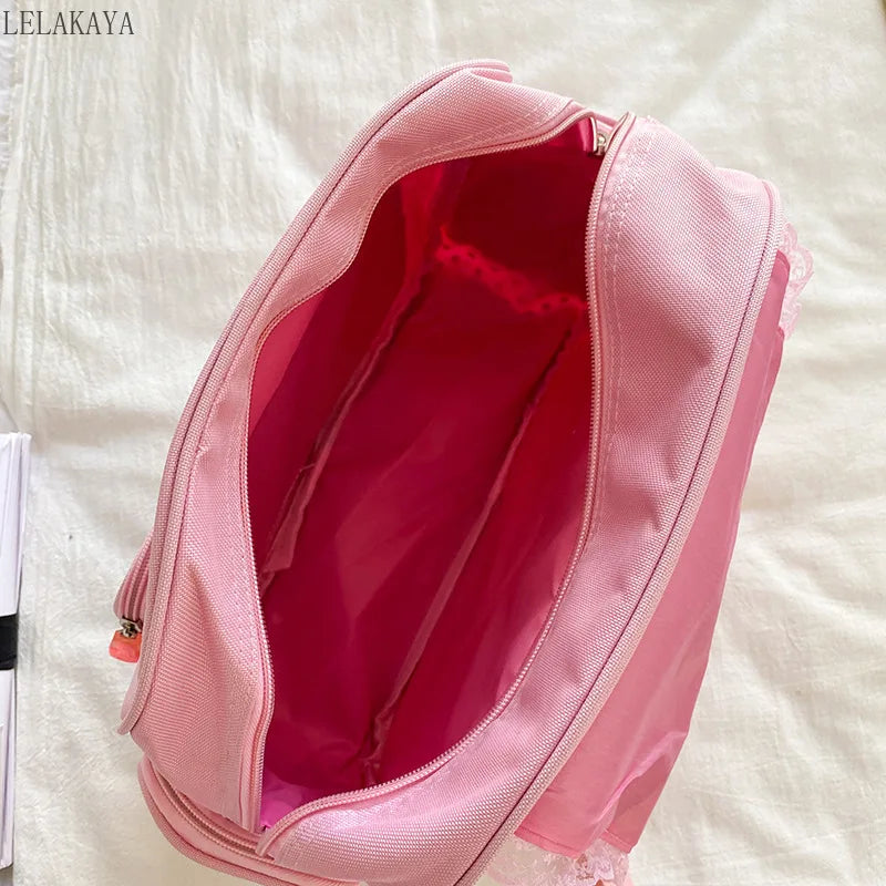 Japanese Girl Backpack Pink Strawberry Lace Shoulder Bag Waterproof Schoolbag