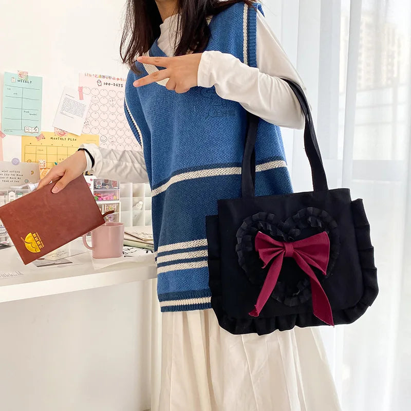 Japanese Girl Shoulder Bag Bow Canvas Handbag Large Capacity Shopping Bag