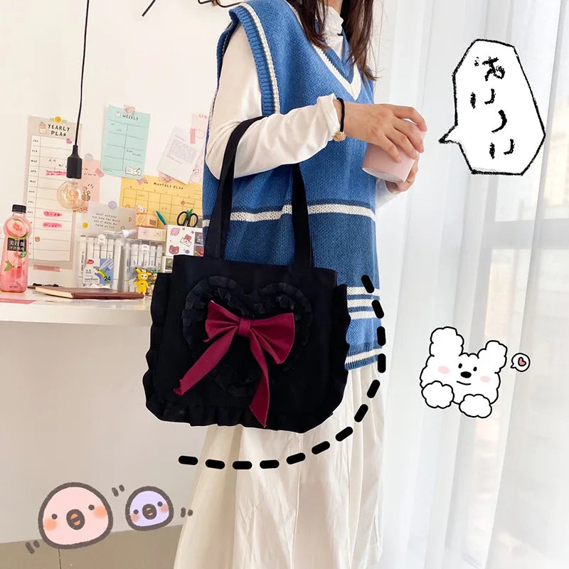 Japanese Girl Shoulder Bag Bow Canvas Handbag Large Capacity Shopping Bag