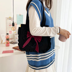 Japanese Girl Shoulder Bag Bow Canvas Handbag Large Capacity Shopping Bag