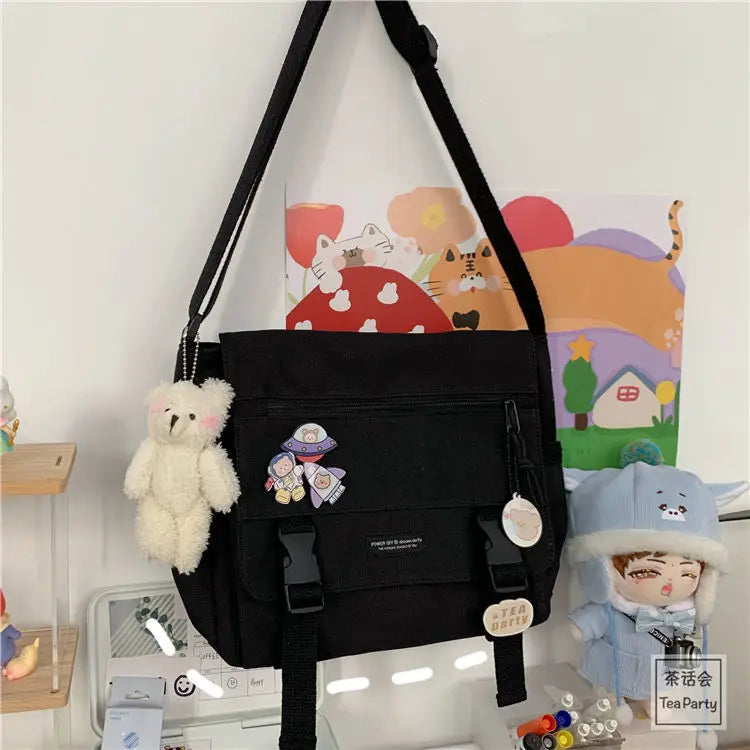 Japanese Harajuku Canvas Women Messenger Bag Solid Casual Shoulder Crossbody Bag