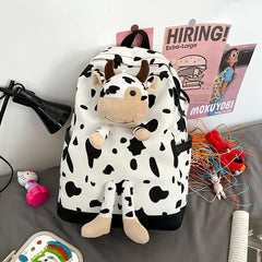 Japanese Harajuku Women Backpack Preppy Cartoon Cow Pattern Student Schoolbag