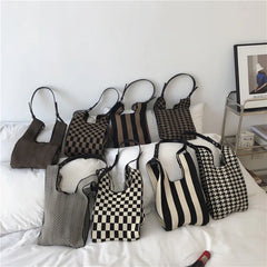 Japanese Knitted Plaid Stripe Shoulder Bag Strap Single Woven Casual Totes Handb