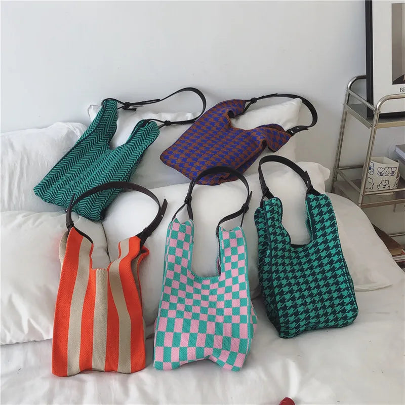 Japanese Knitted Plaid Stripe Shoulder Bag Strap Single Woven Casual Totes Handb