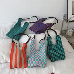 Japanese Knitted Plaid Stripe Shoulder Bag Strap Single Woven Casual Totes Handb