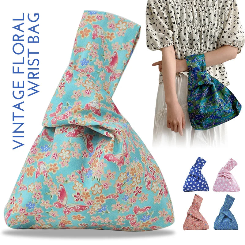 Japanese Mini Knot Wrist Bag Cherry Blossoms Pattern Purses Handbags