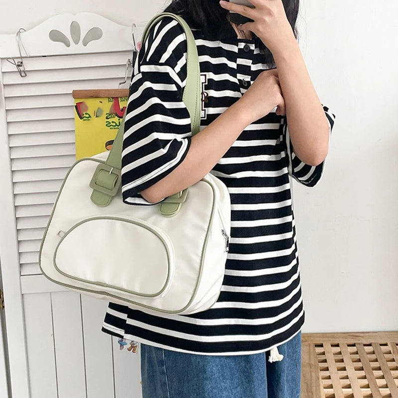 Japanese Student Shoulder Bag Contrast Patchwork Nylon Casual