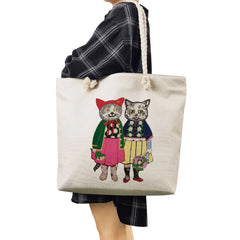 Japanese Style Cat Girl Print Handbag Women Thick Rope Bag