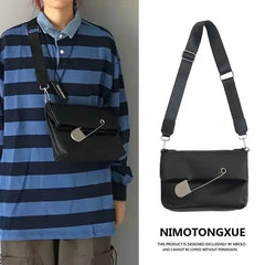 Japanese Y2k Dark Pu Leather Bag Oversized Pin Lady Bags Messenger Bag Shoulder