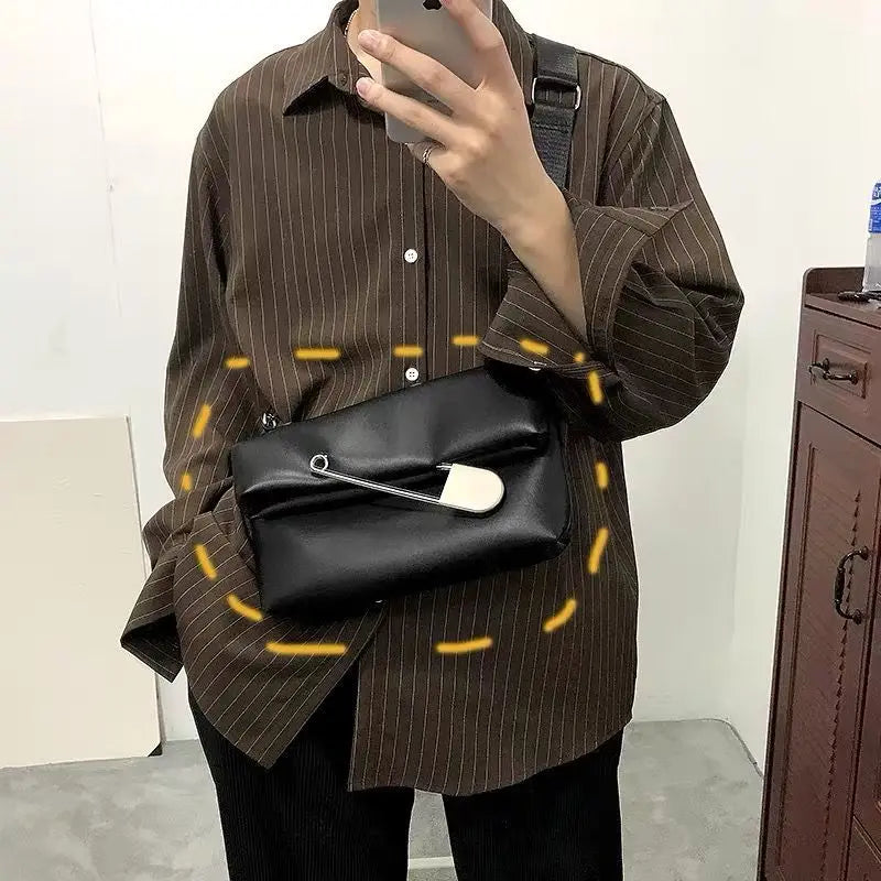 Japanese Y2k Dark Pu Leather Bag Oversized Pin Lady Bags Messenger Bag Shoulder