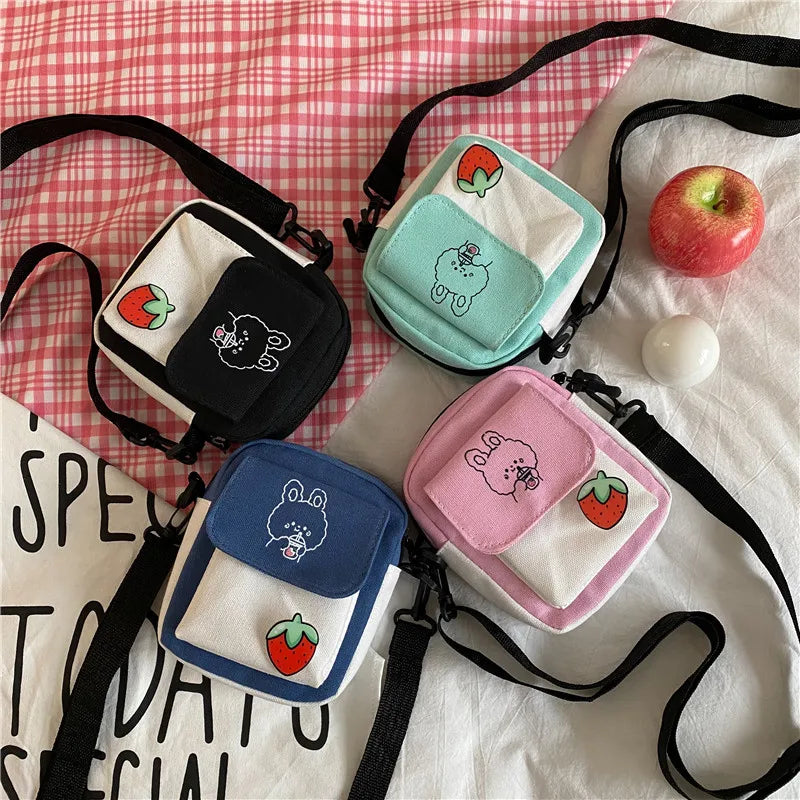 Japanese Girls Shoulder Bag Colorblock Canvas Sweet Mini Messenger Bag