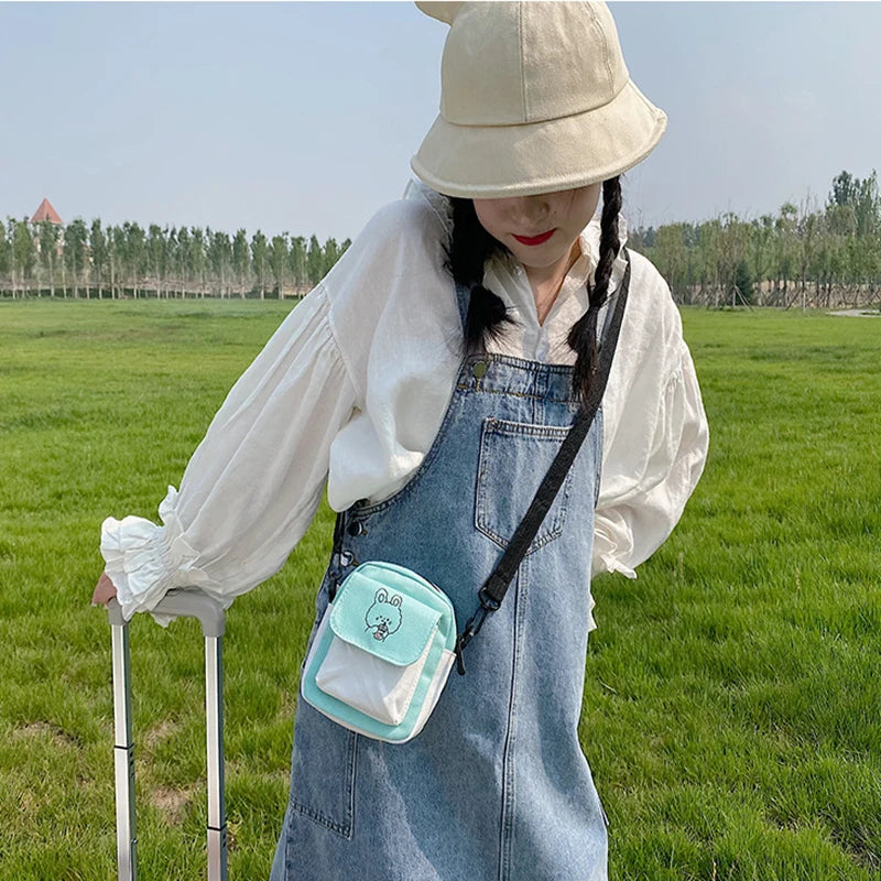 Japanese Girls Shoulder Bag Colorblock Canvas Sweet Mini Messenger Bag