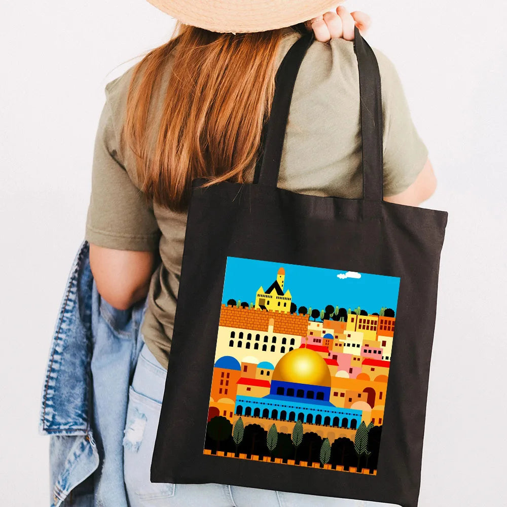 Jerusalem Flag Map Women Canvas Shoulder Bags Eco Shopper Totes