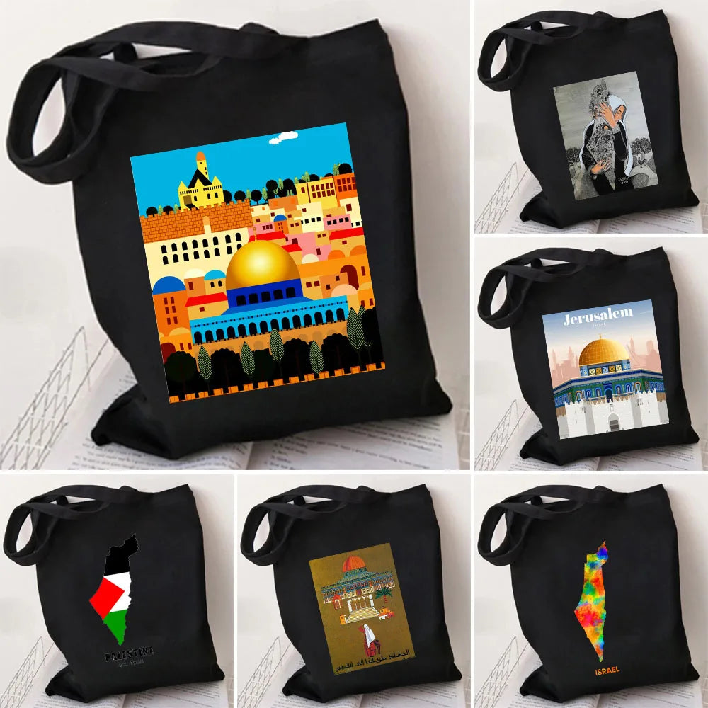 Jerusalem Flag Map Women Canvas Shoulder Bags Eco Shopper Totes