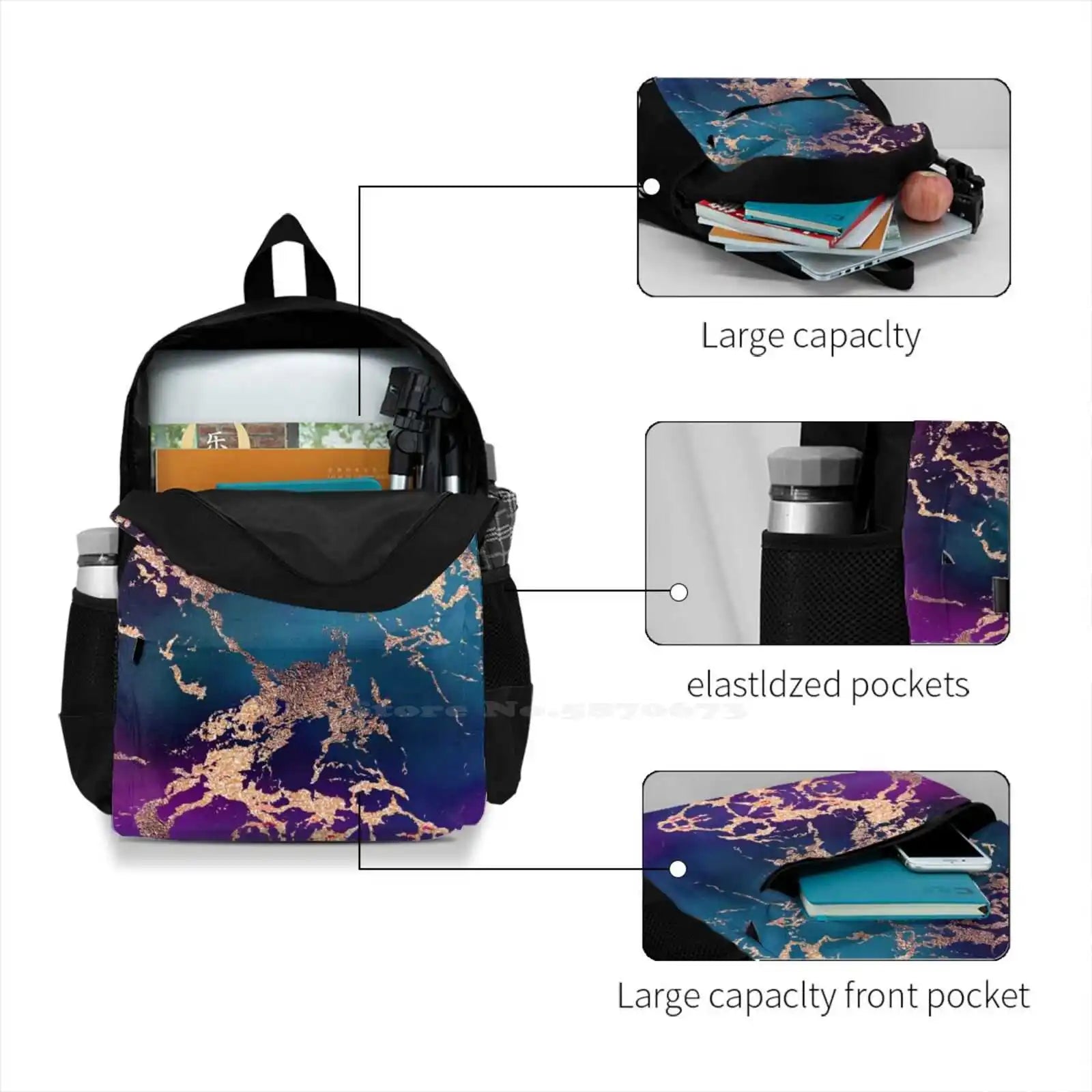 Jewel Tone Rose Marble School Bag Backpack Laptop 15 Inch Turquoise Purple