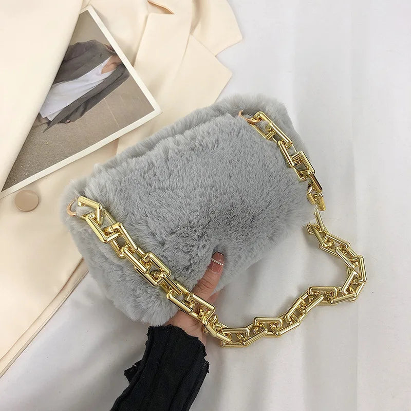Faux Fur Chain Shoulder Bag Mini Underarm Handbag