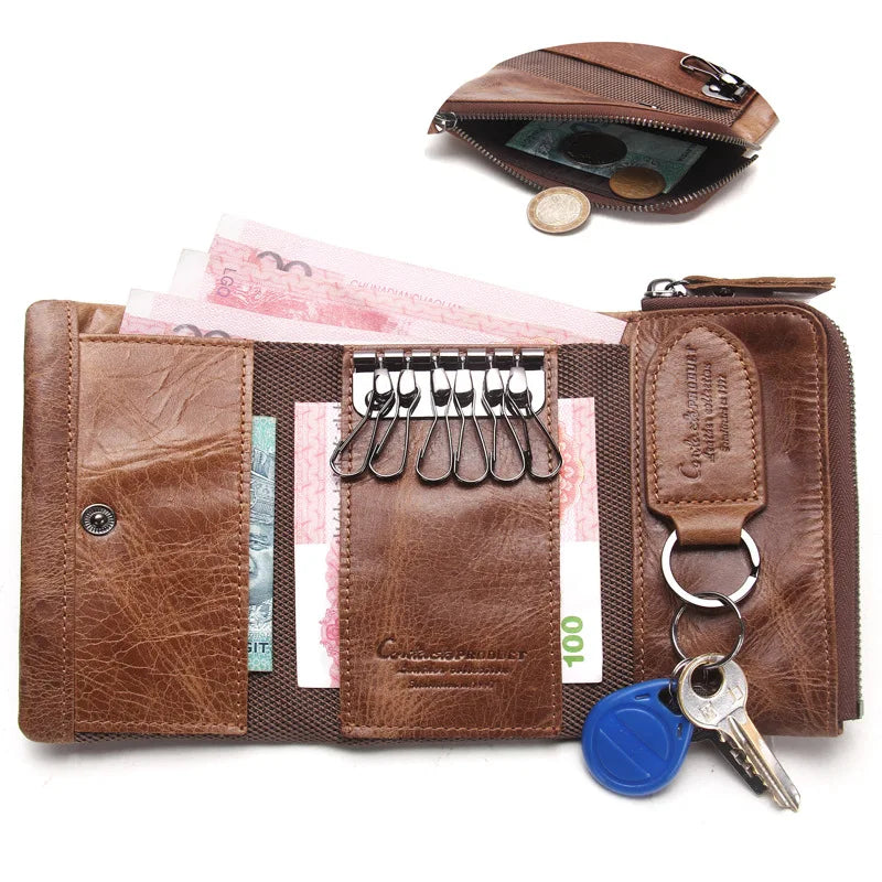Men Wallet Leather Key Bag Trifold Solid Real Cowhide Small Wallet