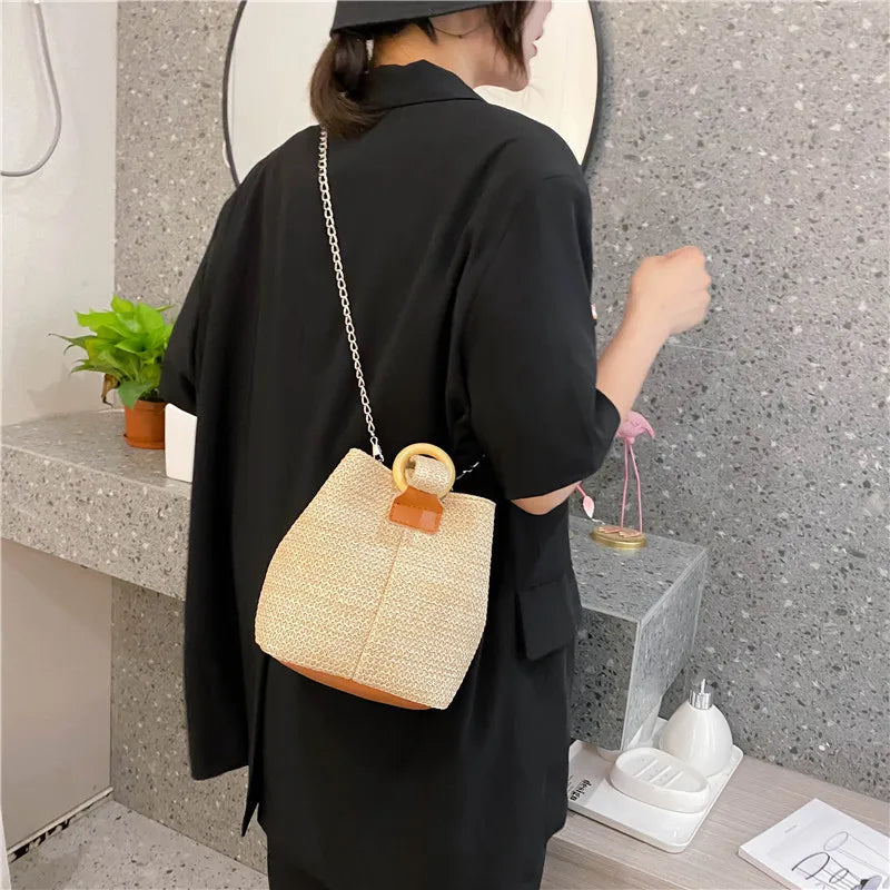 Straw Bucket Bag Beach Handbag Girl Shoulder Bag