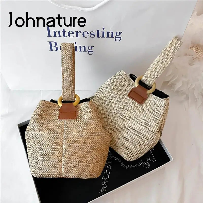 Straw Bucket Bag Beach Handbag Girl Shoulder Bag