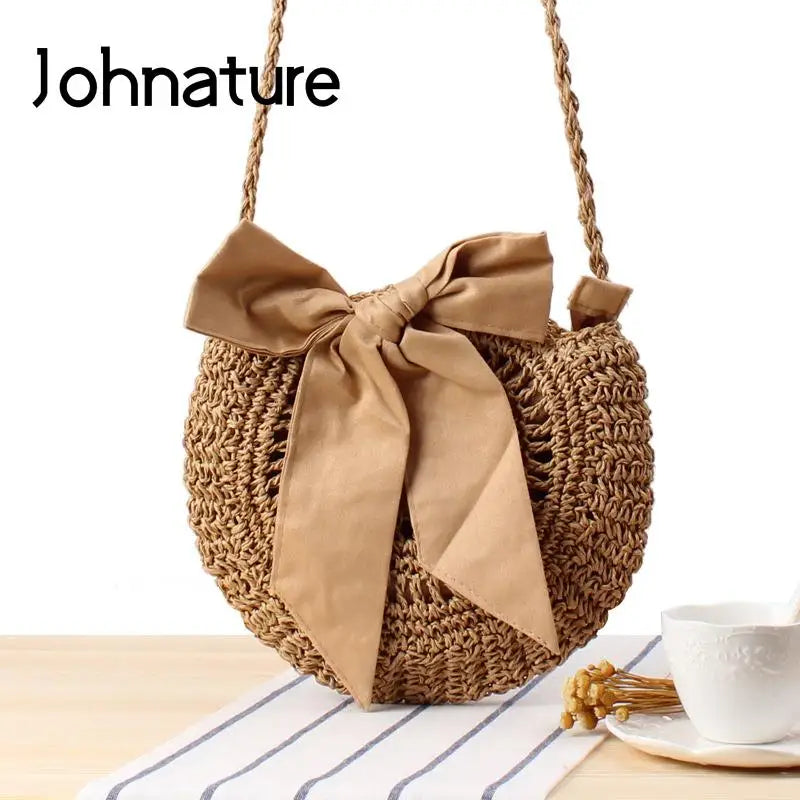 Bohemian Straw Bag with Bowknot - Shoulder Bag for Women