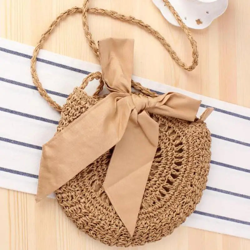 Bohemian Straw Bag with Bowknot - Shoulder Bag for Women