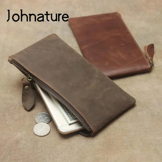 Minimalist Slim Leather Long Wallet Crazy Horse Retro Natural Cowhide