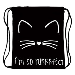 Cat Printing Drawstring Bag Sports Waterproof Backpack Bundle Pocket