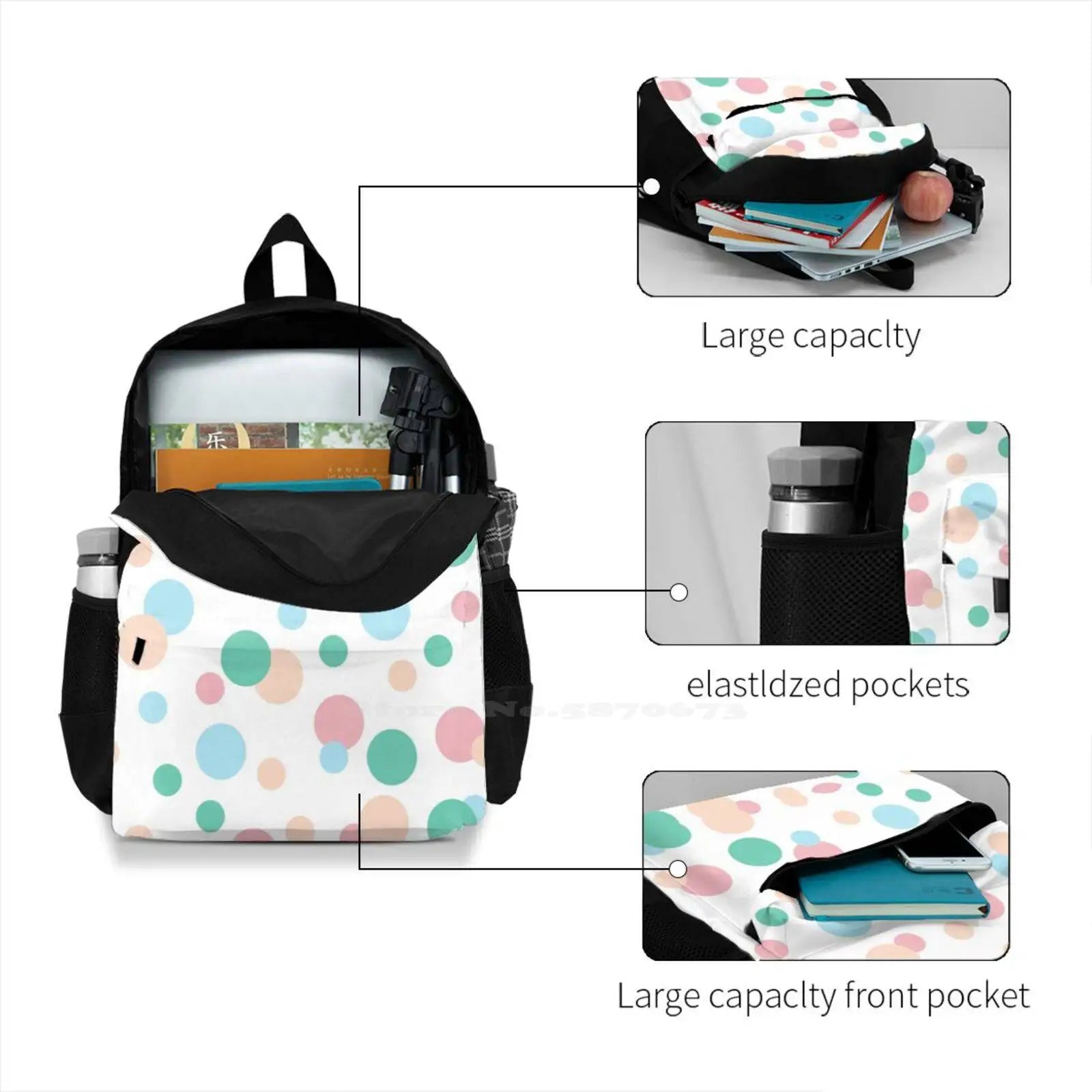 Jubijay Bubbles 3D Print Backpack Pastel Pink Green Peach Polka