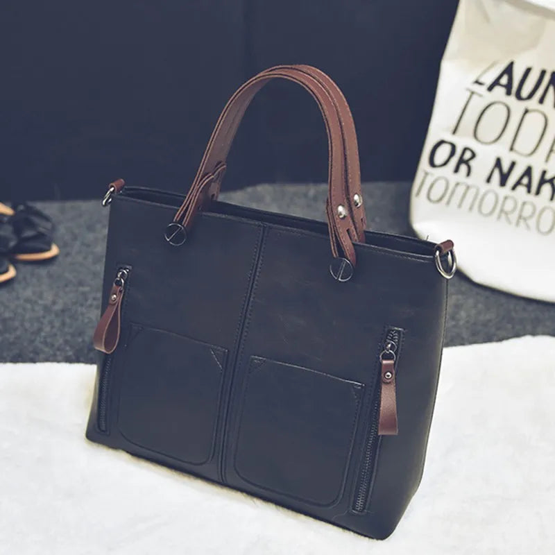 Vintage Double Pocket Handbag Large Capacity Shoulder Bag