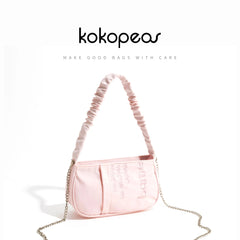 Pink Half Moon Nylon Shoulder Bag with Embroidery Tote Handbag