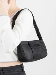 Pink Half Moon Nylon Shoulder Bag with Embroidery Tote Handbag